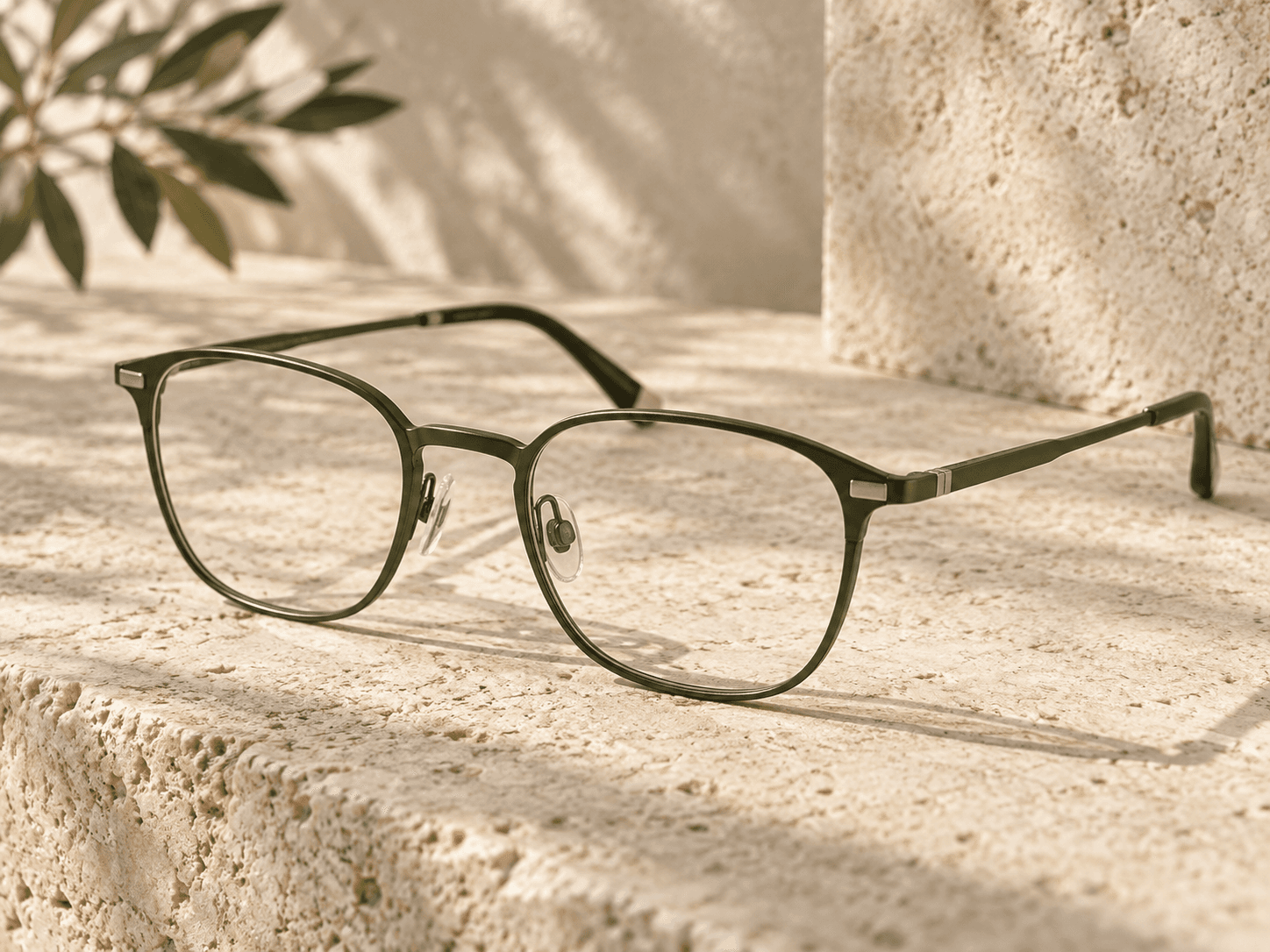 Close-up of a Nokeye-style titanium eyewear frame