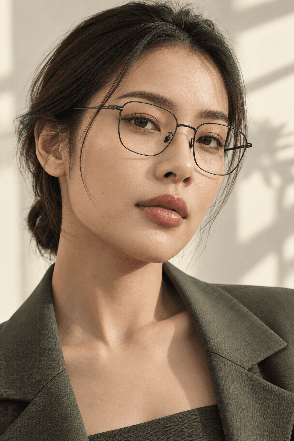 Model wearing Nokeye-style titanium eyewear